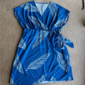 Flattering 3X Faux Wrap Blue Dress with Leaf Print. Perfect for Spring & Summer